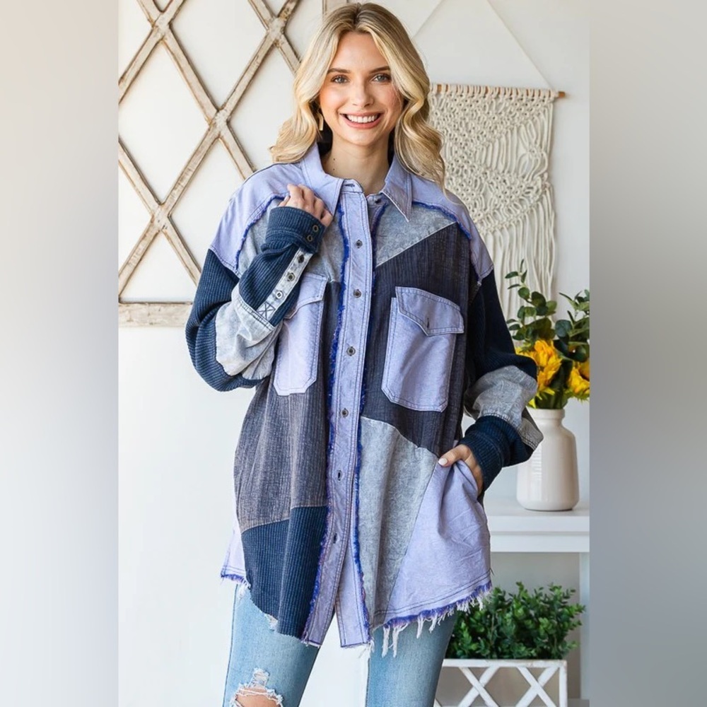 Oli & Hali Patchwork Button-Down Shirt Jacket in Lavender, Navy, Gray